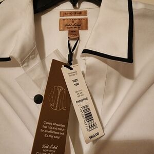Investments white blouse, black trim & buttons, 100% cotton, no iron